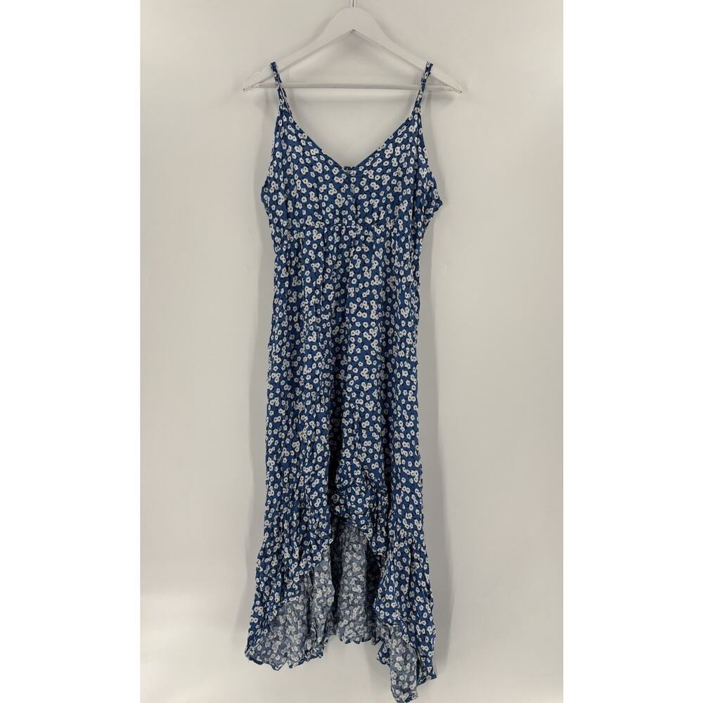Pacific Vibes Dress Womens XXL Blue White Floral Sleeveless Hi Low Smocked Midi